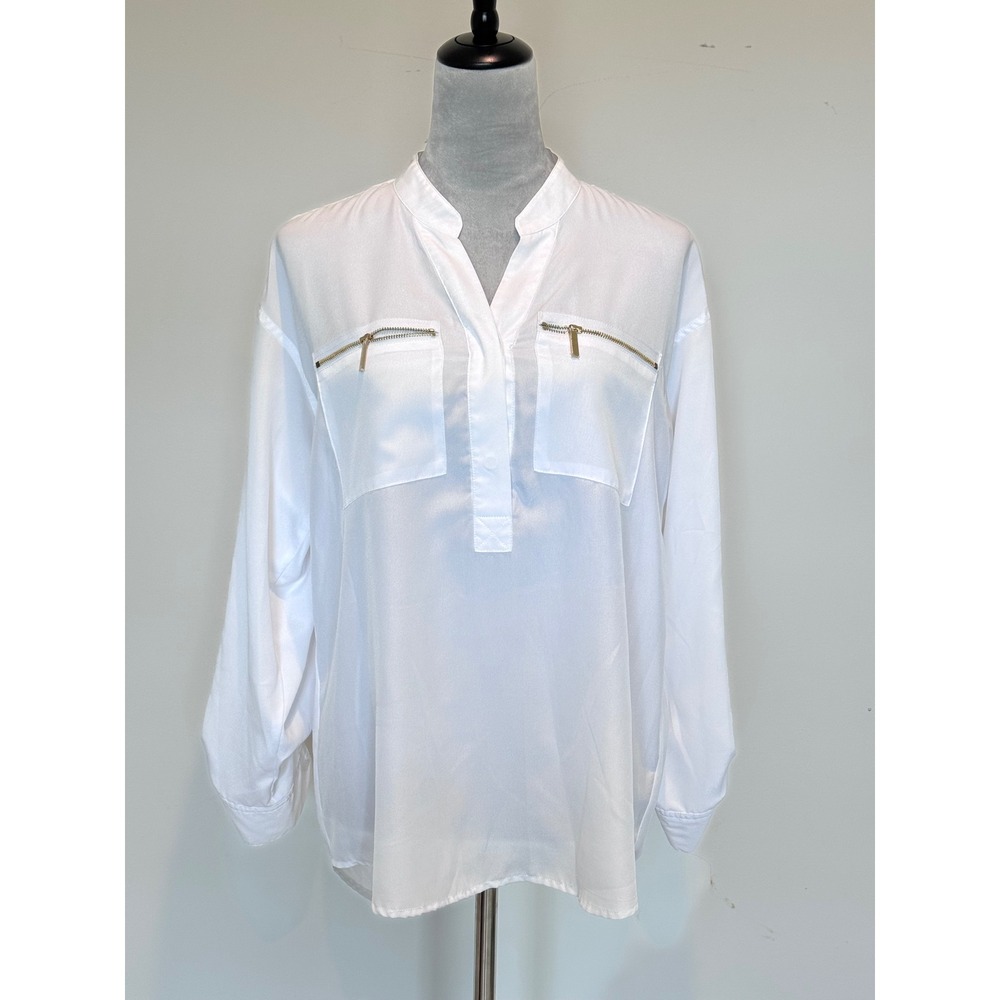 Jaclyn Smith White Roll Tab Sleeve Blouse Gold Zip Pocket Top Medium